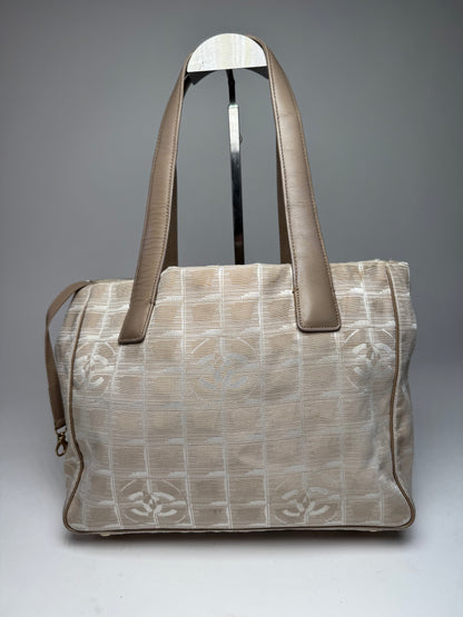Vintage Chanel Monogram Canvas Leather Tote Bag Beige Brown