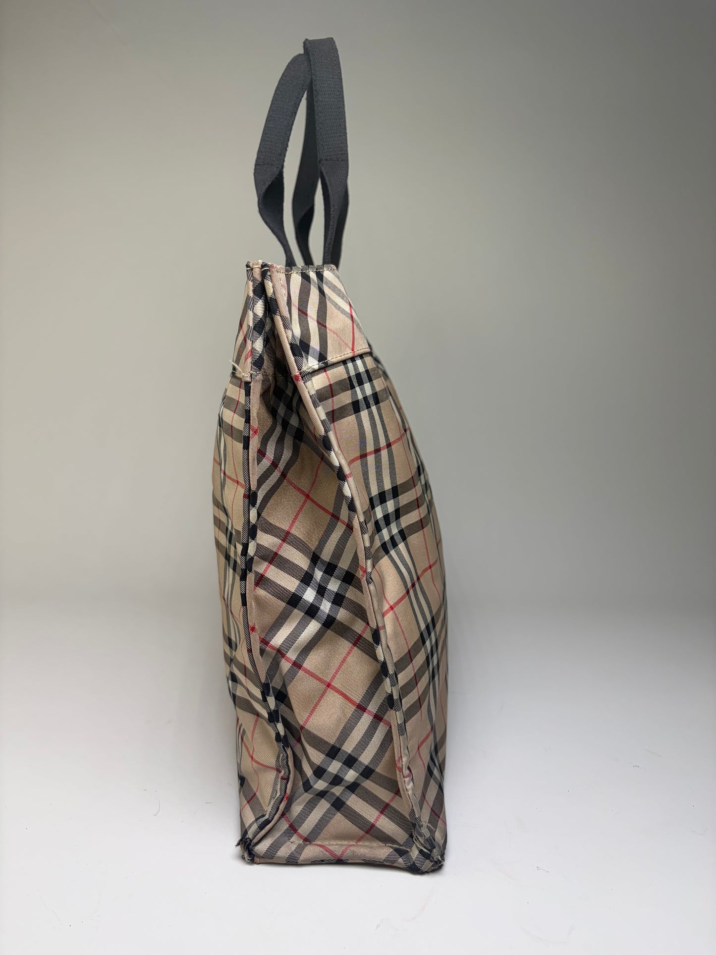 Vintage Burberry Tartan Coated Canvas Tote Beige Navy