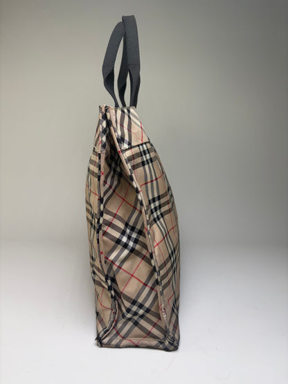 Vintage Burberry Tartan Coated Canvas Tote Beige Navy