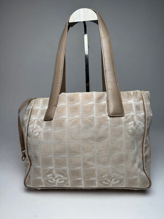 Vintage Chanel Monogram Canvas Leather Tote Bag Beige Brown