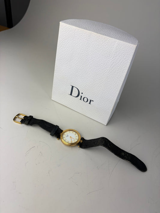 Vintage Dior Leather Strap Bracelet Watch Black Gold