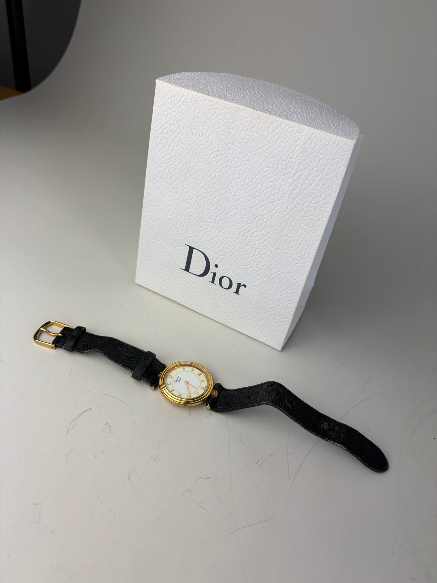 Vintage Dior Leather Strap Bracelet Watch Black Gold