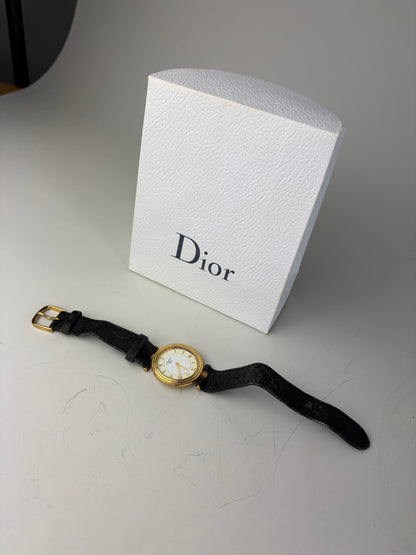 Vintage Dior Leather Strap Bracelet Watch Black Gold