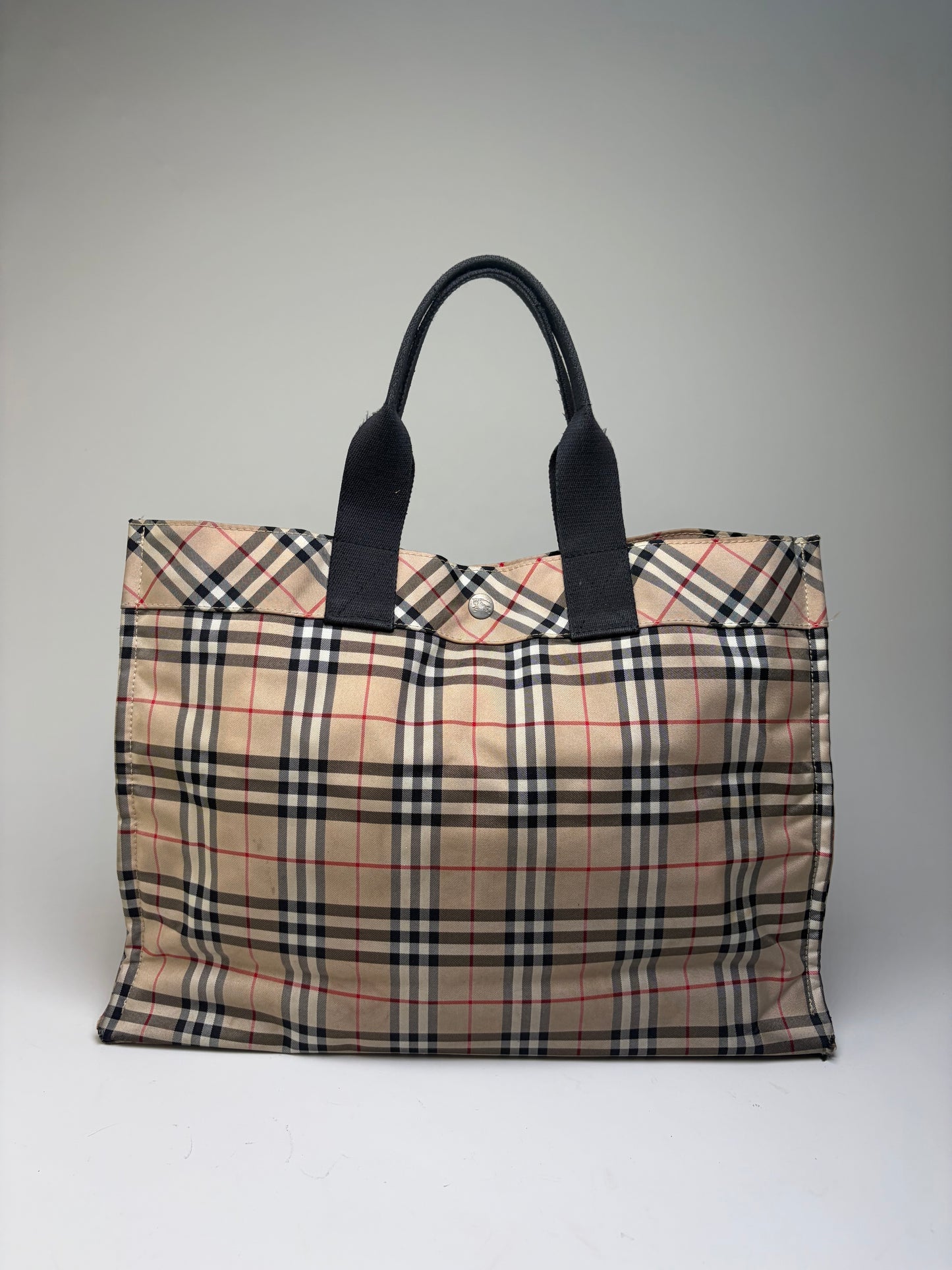 Vintage Burberry Tartan Coated Canvas Tote Beige Navy