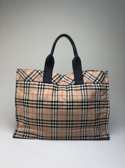 Vintage Burberry Tartan Coated Canvas Tote Beige Navy