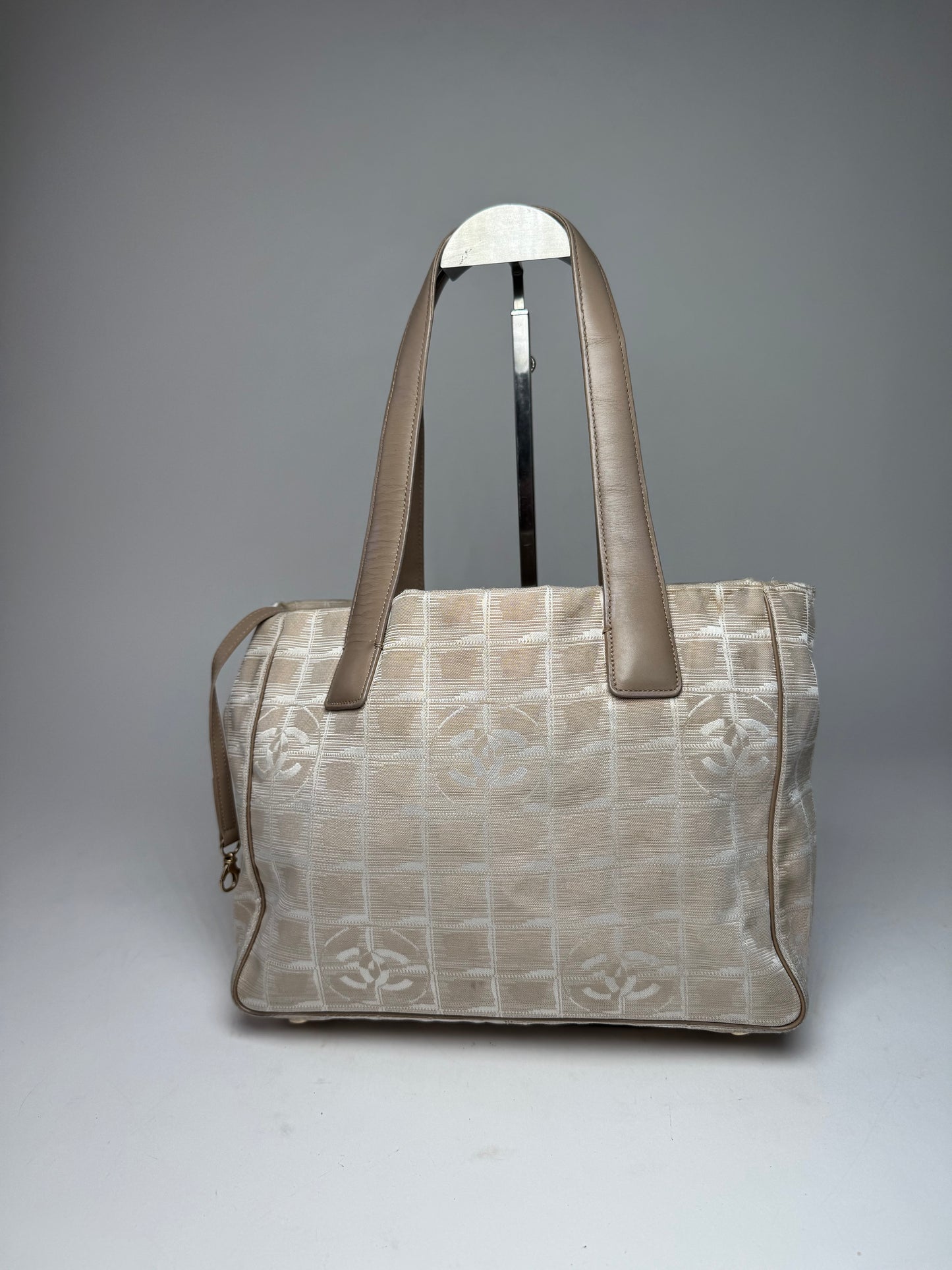 Vintage Chanel Monogram Canvas Leather Tote Bag Beige Brown