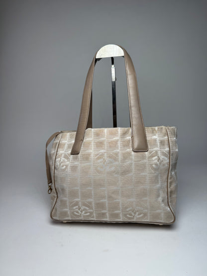 Vintage Chanel Monogram Canvas Leather Tote Bag Beige Brown