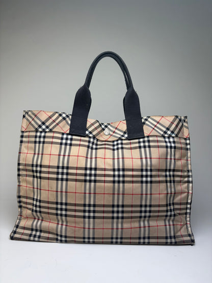 Vintage Burberry Tartan Coated Canvas Tote Beige Navy