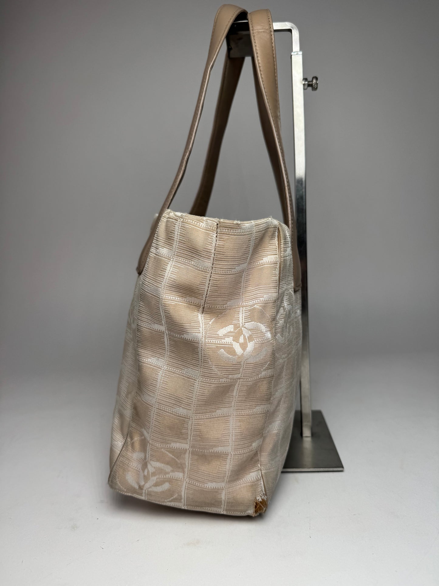 Vintage Chanel Monogram Canvas Leather Tote Bag Beige Brown