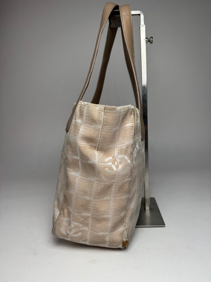 Vintage Chanel Monogram Canvas Leather Tote Bag Beige Brown