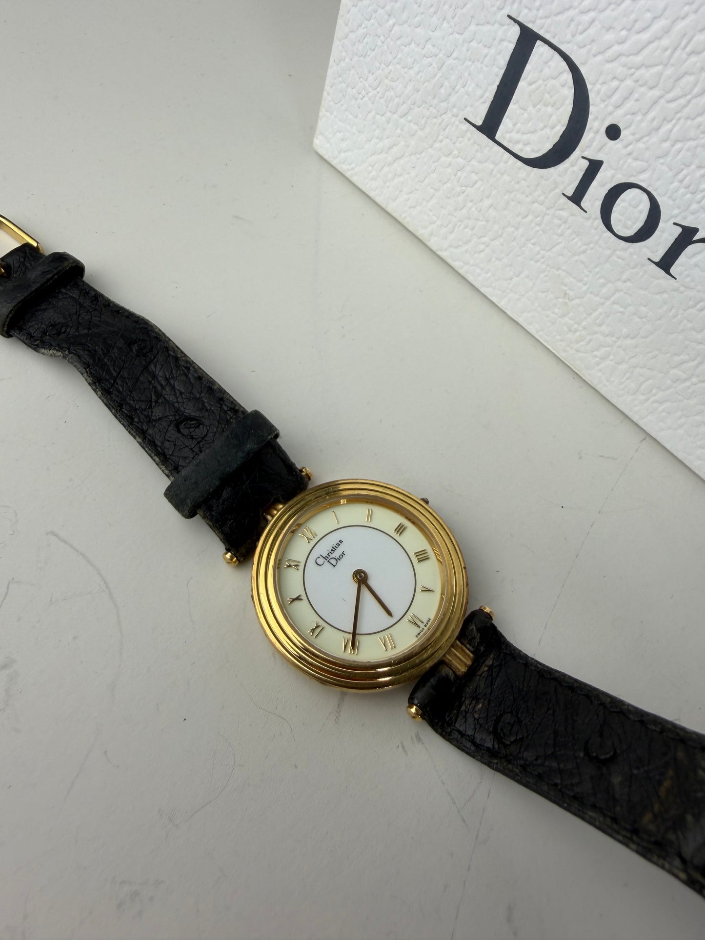 Vintage Dior Leather Strap Bracelet Watch Black Gold