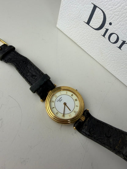 Vintage Dior Leather Strap Bracelet Watch Black Gold
