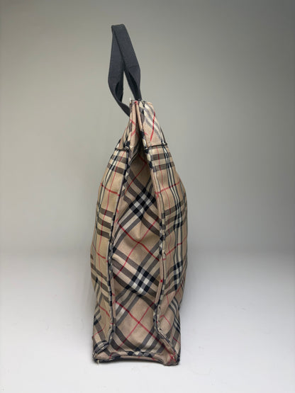 Vintage Burberry Tartan Coated Canvas Tote Beige Navy