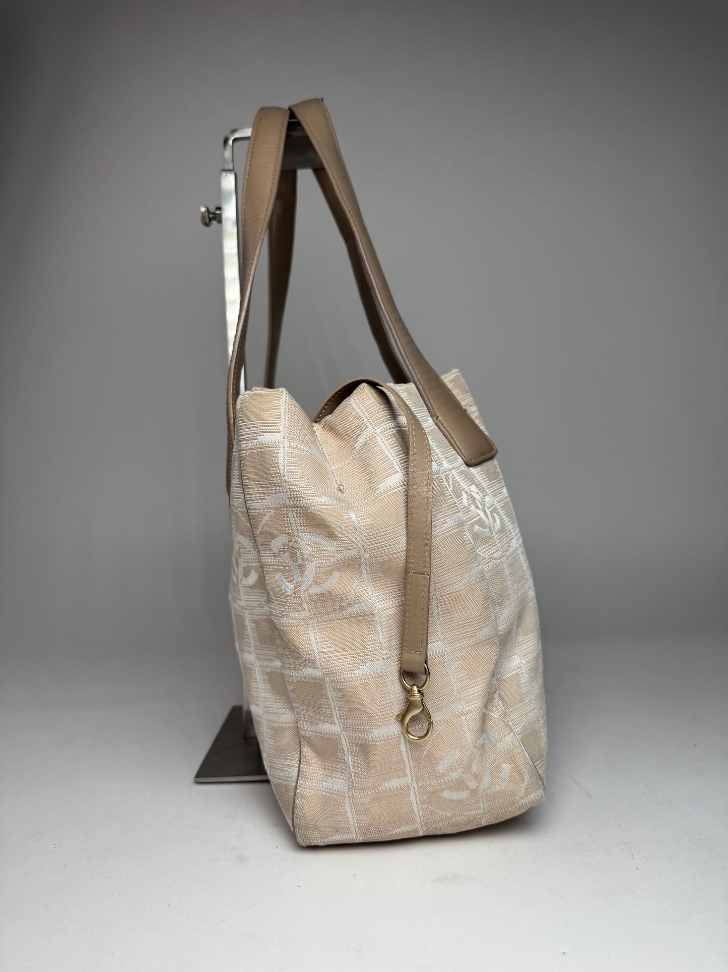 Vintage Chanel Monogram Canvas Leather Tote Bag Beige Brown