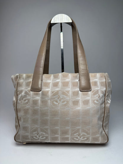 Vintage Chanel Monogram Canvas Leather Tote Bag Beige Brown