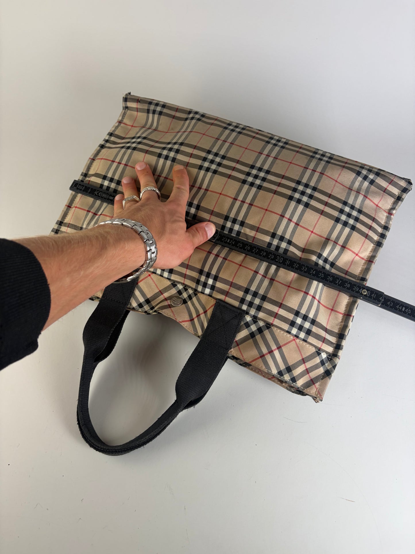 Vintage Burberry Tartan Coated Canvas Tote Beige Navy