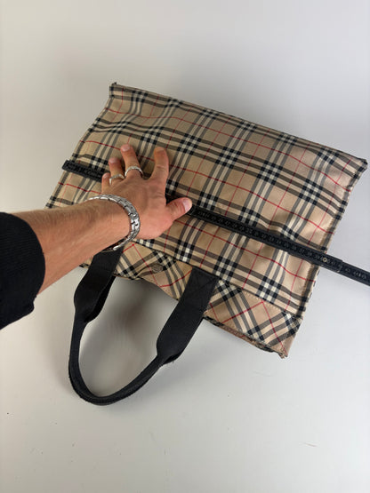 Vintage Burberry Tartan Coated Canvas Tote Beige Navy