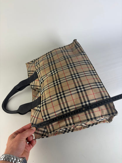 Vintage Burberry Tartan Coated Canvas Tote Beige Navy