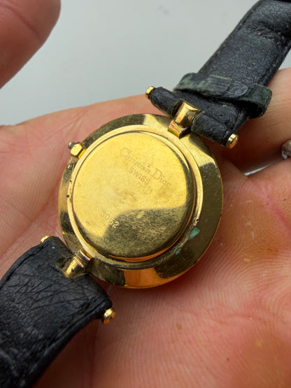 Vintage Dior Leather Strap Bracelet Watch Black Gold