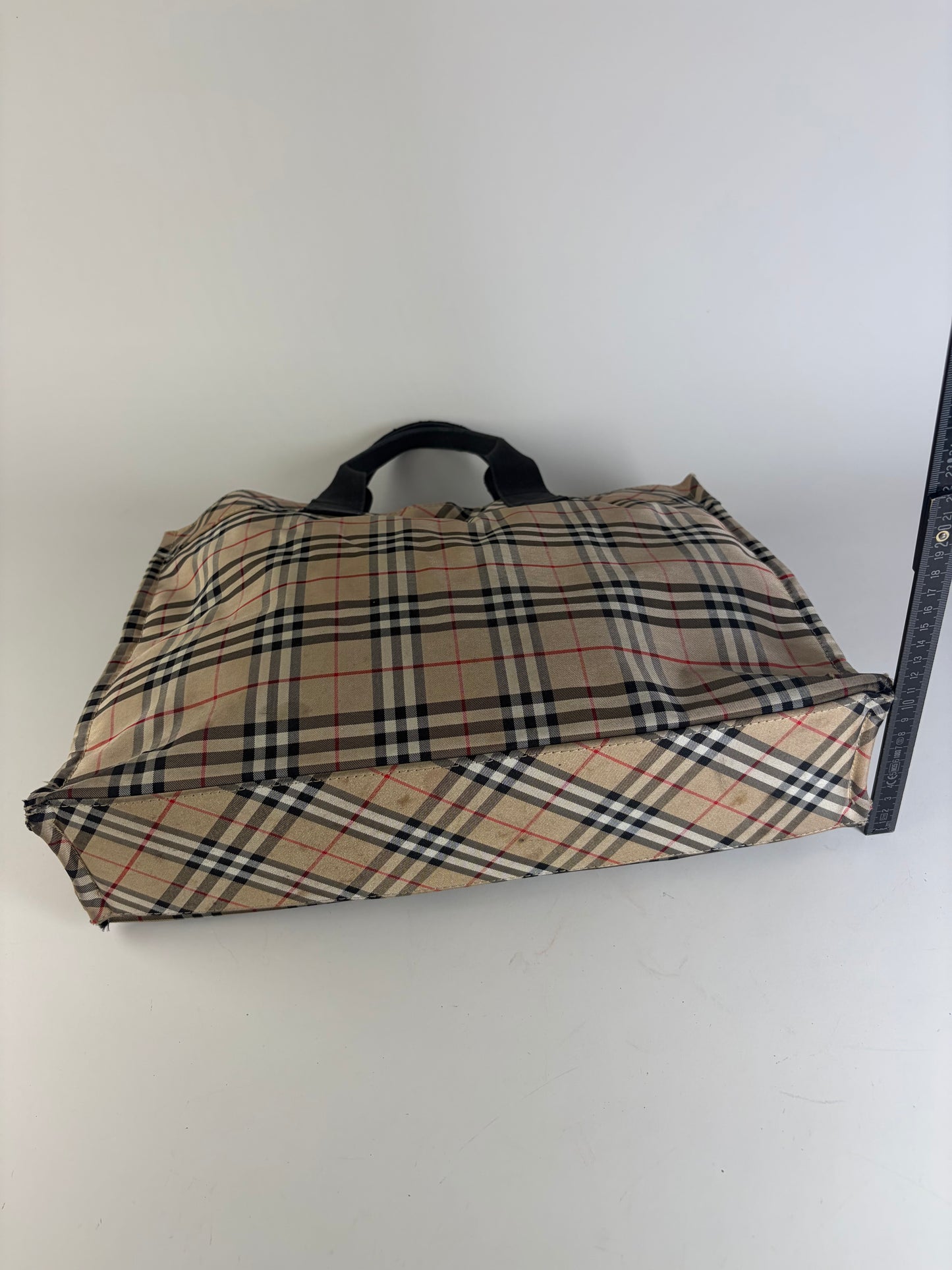 Vintage Burberry Tartan Coated Canvas Tote Beige Navy