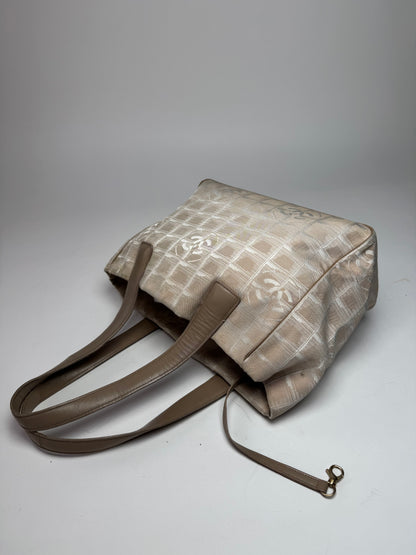 Vintage Chanel Monogram Canvas Leather Tote Bag Beige Brown