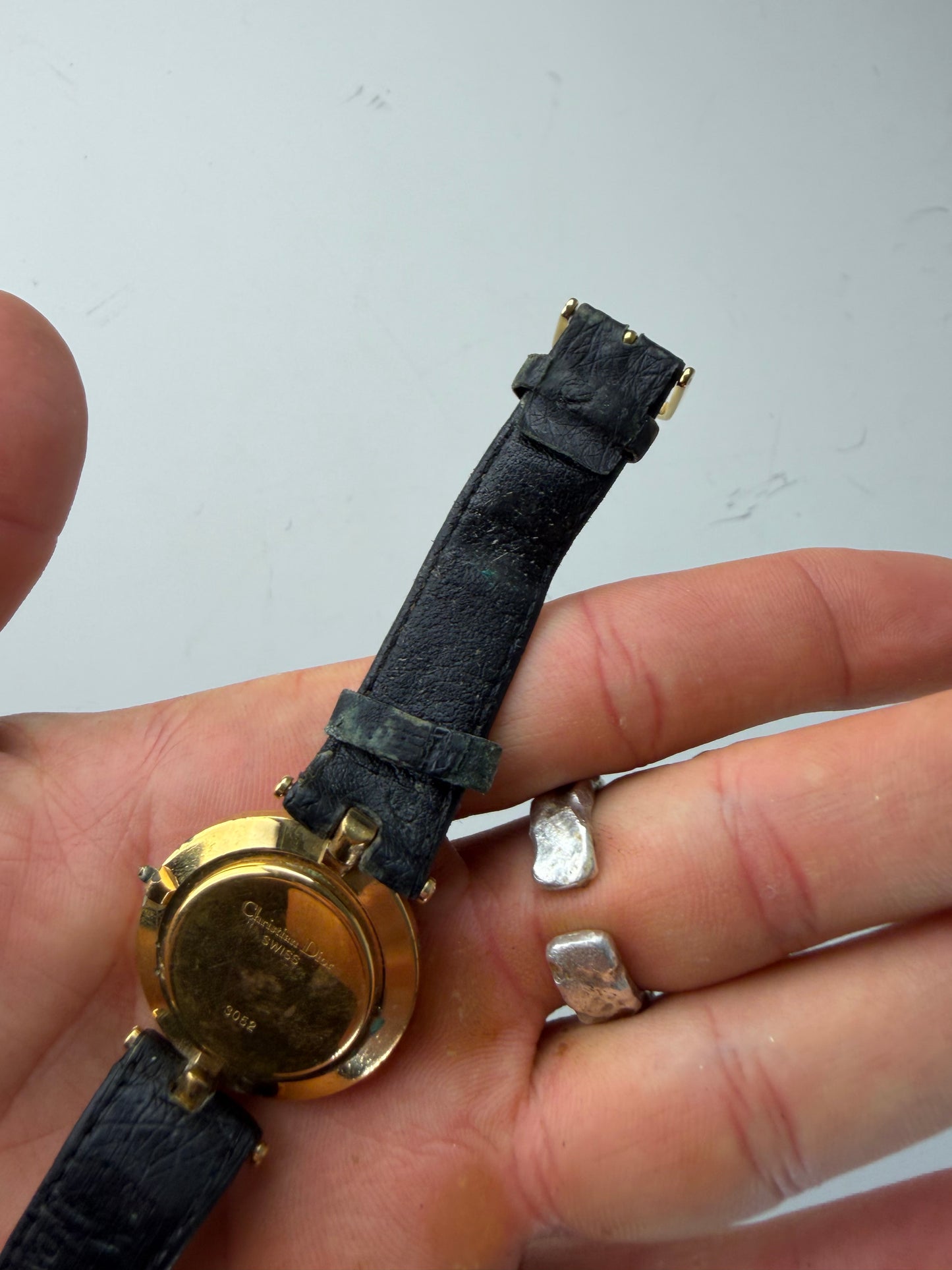 Vintage Dior Leather Strap Bracelet Watch Black Gold