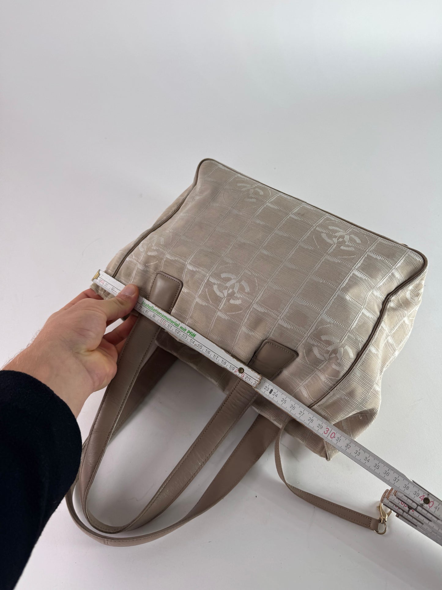 Vintage Chanel Monogram Canvas Leather Tote Bag Beige Brown