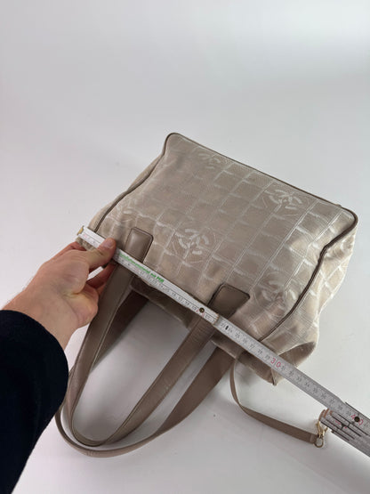 Vintage Chanel Monogram Canvas Leather Tote Bag Beige Brown