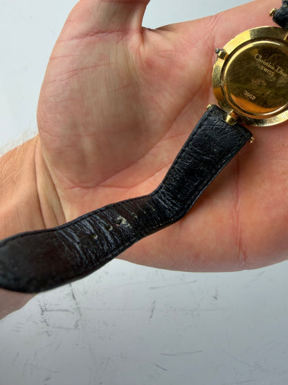 Vintage Dior Leather Strap Bracelet Watch Black Gold