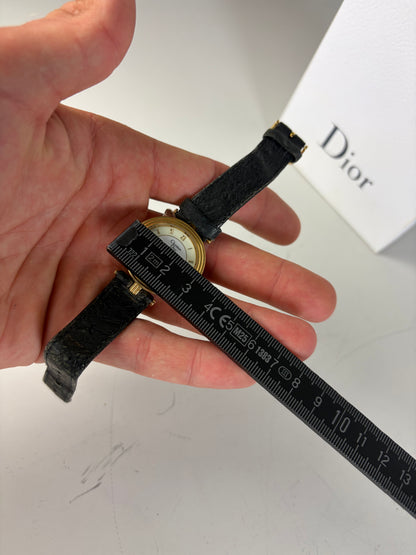 Vintage Dior Leather Strap Bracelet Watch Black Gold