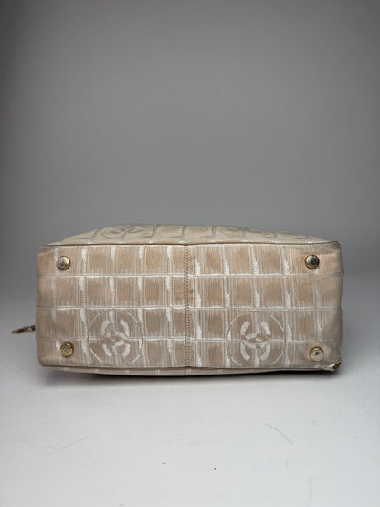 Vintage Chanel Monogram Canvas Leather Tote Bag Beige Brown