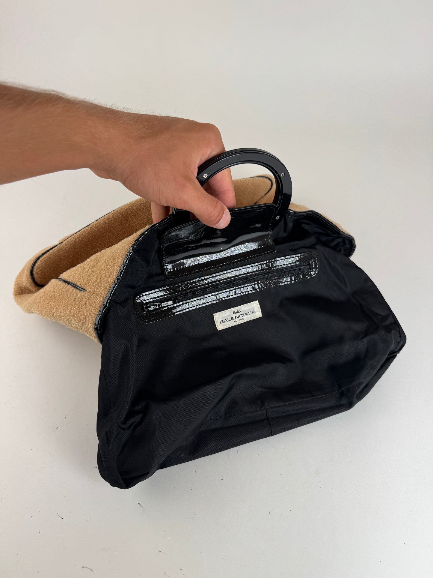 Sac cabas vintage Balenciaga en tissu éponge beige noir