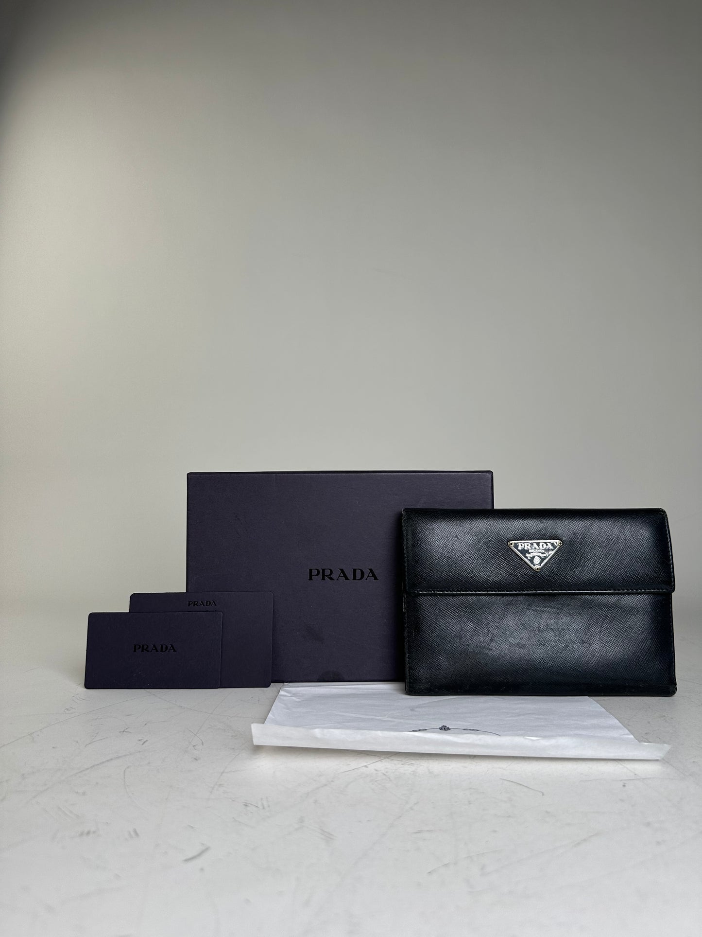 Vintage Prada Saffiano Leather Wallet Black Silver