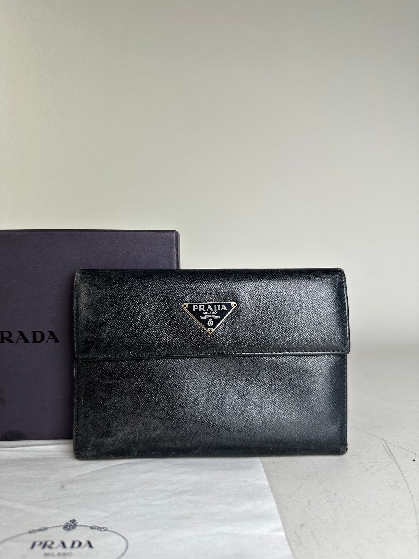 Vintage Prada Saffiano Leather Wallet Black Silver