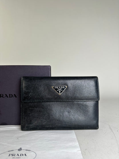Vintage Prada Saffiano Leather Wallet Black Silver