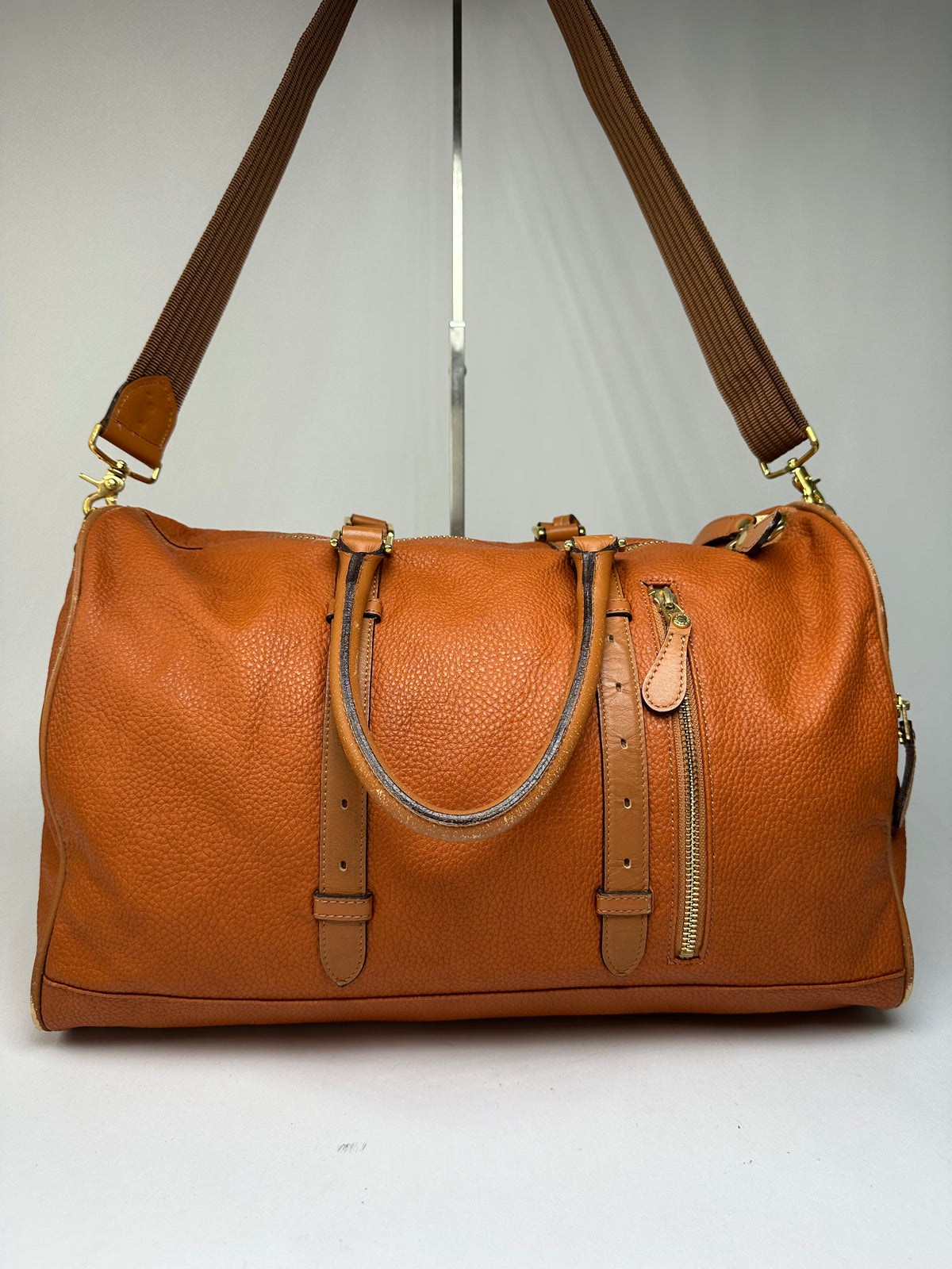 Vintage Courreges Pebbled Leather Duffle Bag Rust Tan