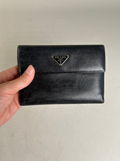 Vintage Prada Saffiano Leather Wallet Black Silver
