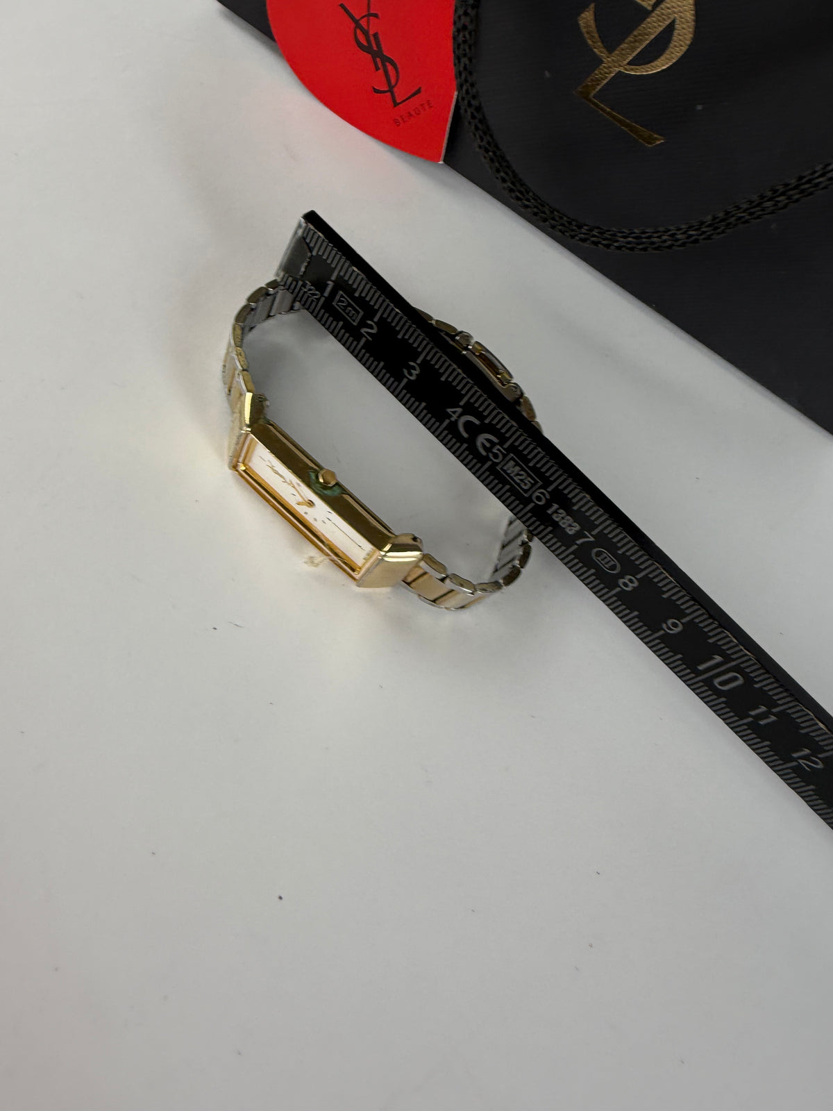 Vintage Yves Saint Laurent Rectangular Bracelet Watch Late 1980s Gold Silver
