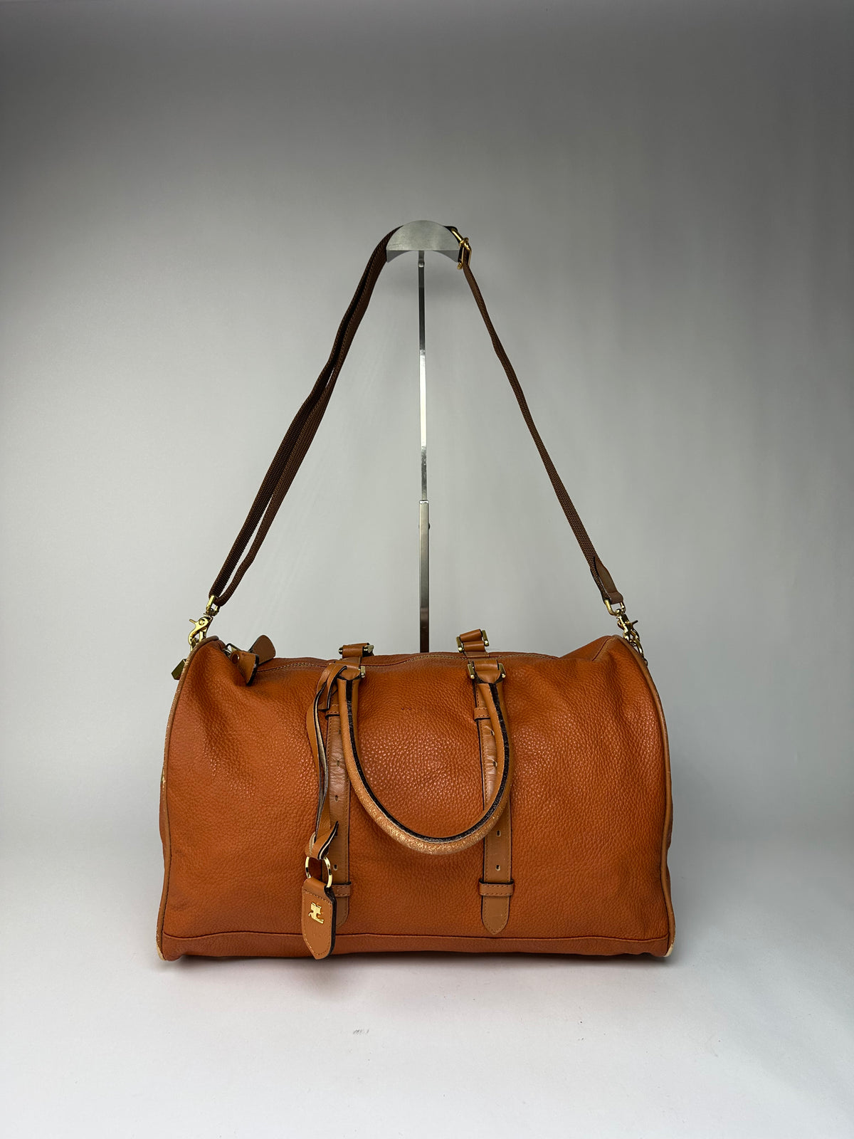 Vintage Courreges Pebbled Leather Duffle Bag Rust Tan