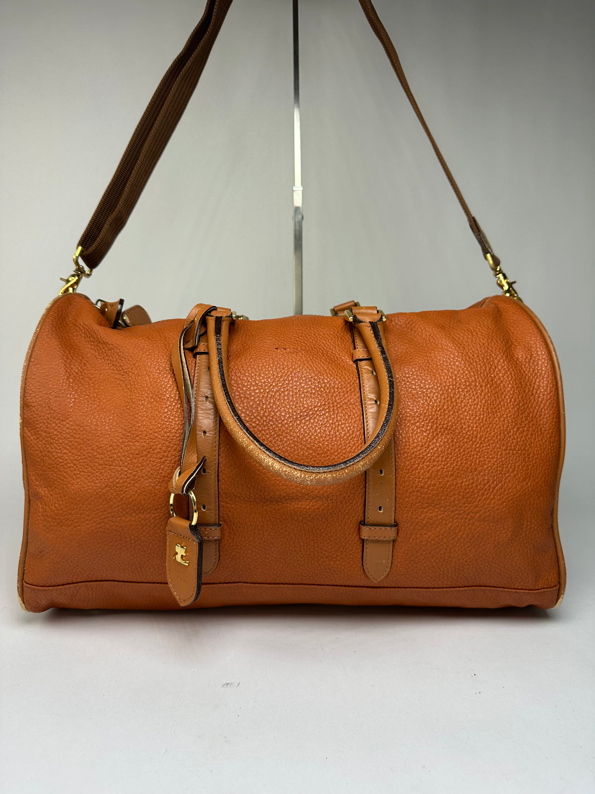 Vintage Courreges Pebbled Leather Duffle Bag Rust Tan