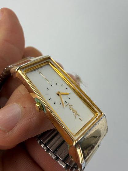 Vintage Yves Saint Laurent Rectangular Bracelet Watch Late 1980s Gold Silver