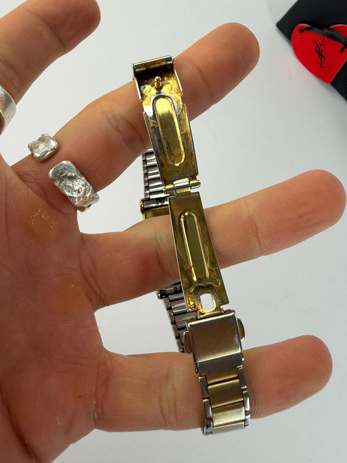 Vintage Yves Saint Laurent Rectangular Bracelet Watch Late 1980s Gold Silver