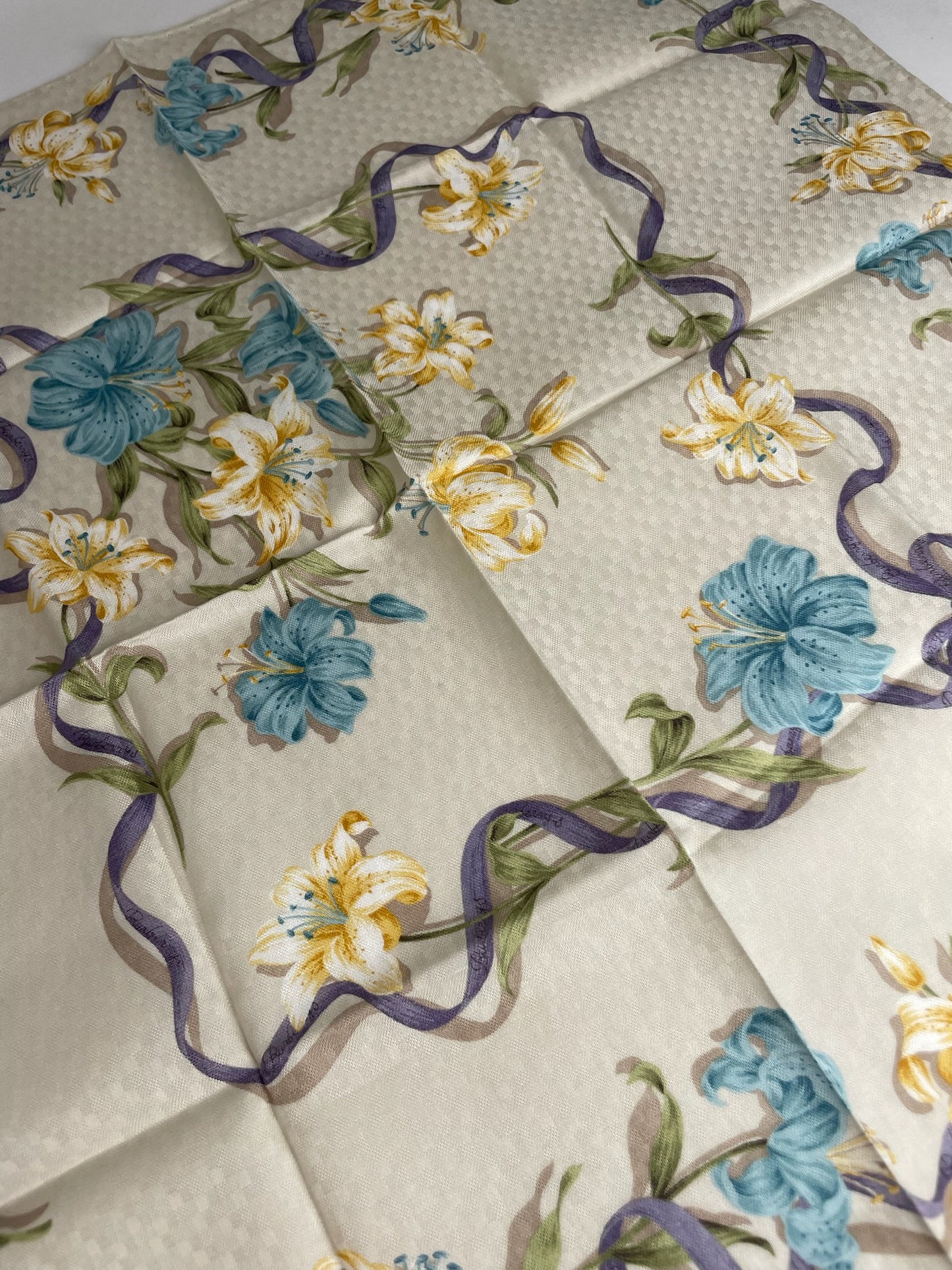 Vintage Burberry Floral Scarf Beige Yellow Blue