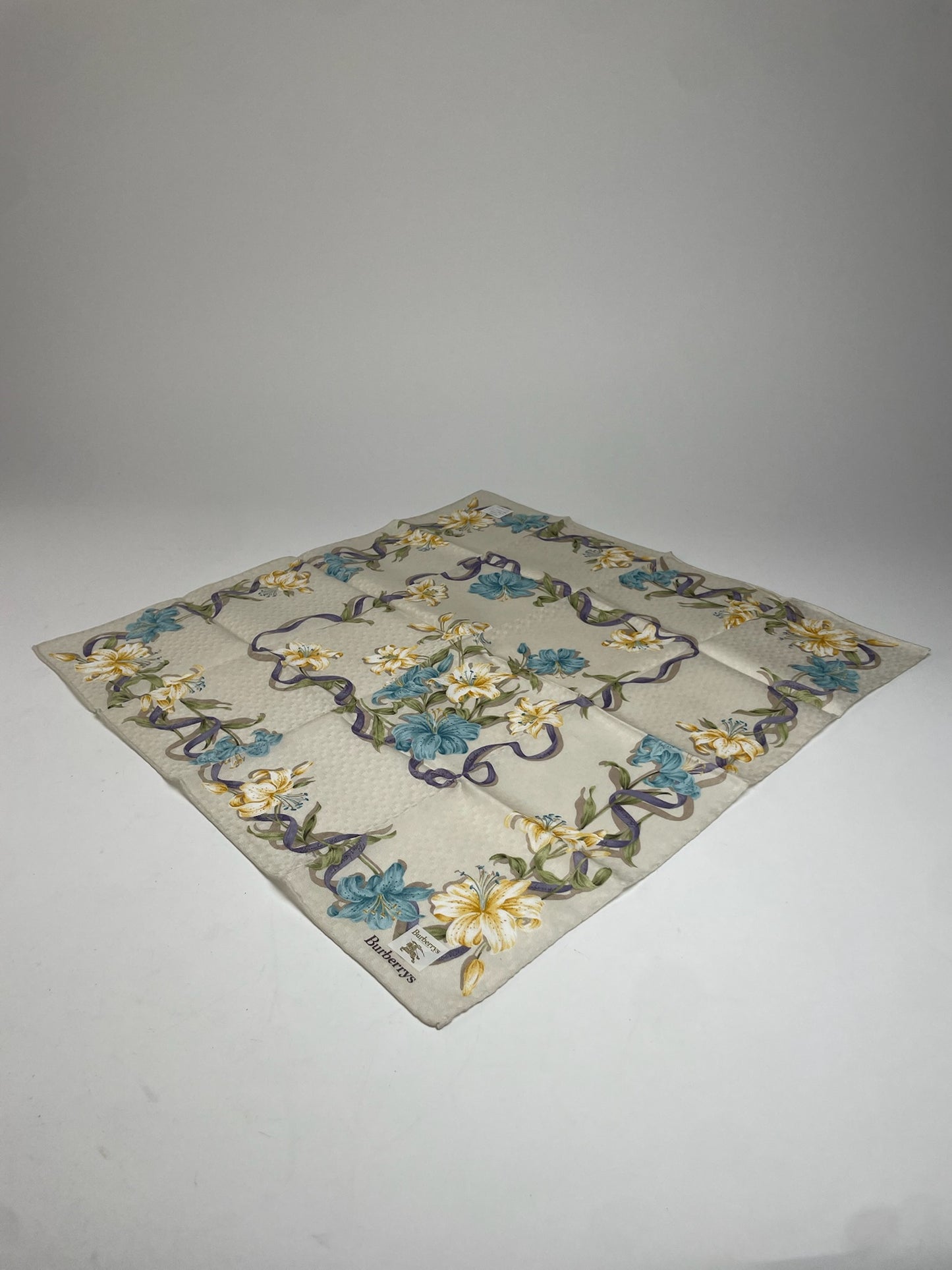 Vintage Burberry Floral Scarf Beige Yellow Blue