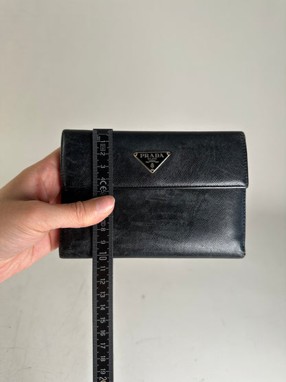 Vintage Prada Saffiano Leather Wallet Black Silver