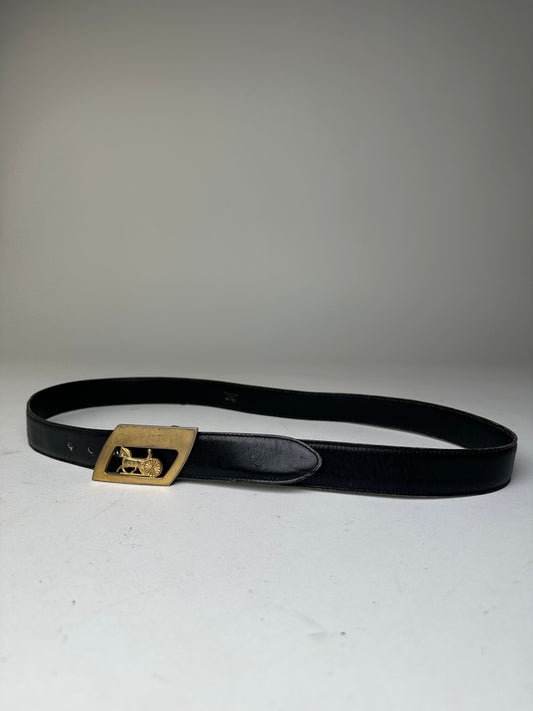 Vintage Celine Black Leather Belt with Gold-Tone Buckle Design