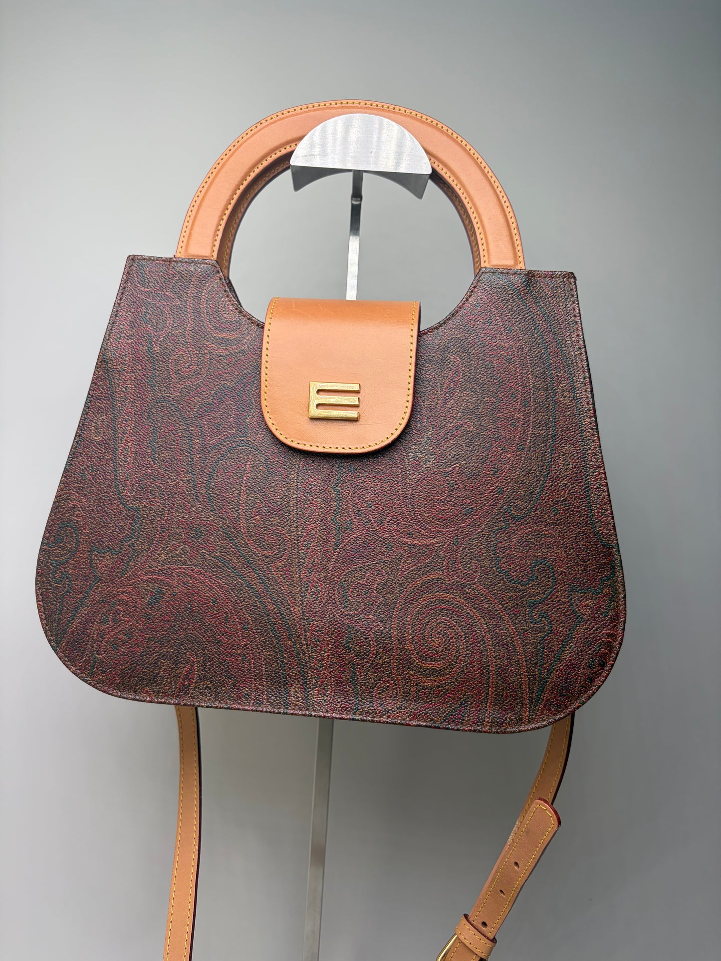 Vintage Etro Paisley Print Structured Top-Handle Bag Burgundy Teal