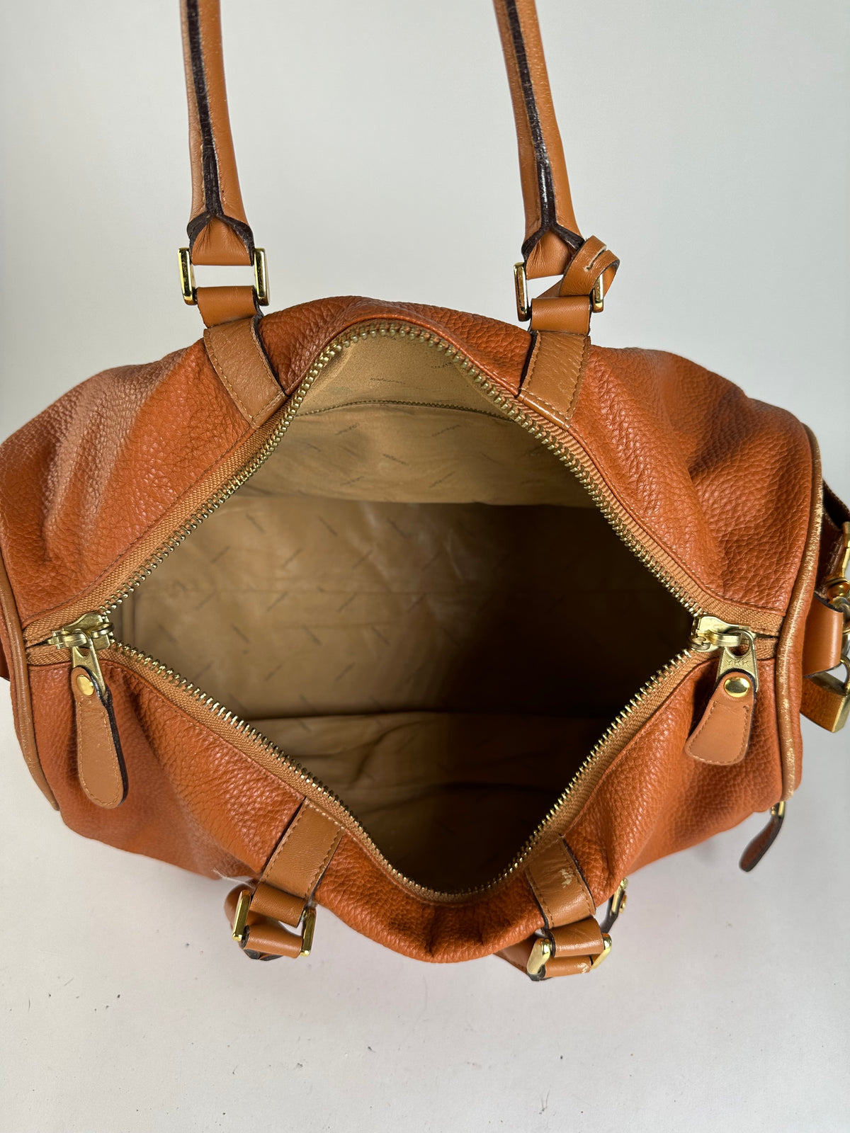 Vintage Courreges Pebbled Leather Duffle Bag Rust Tan