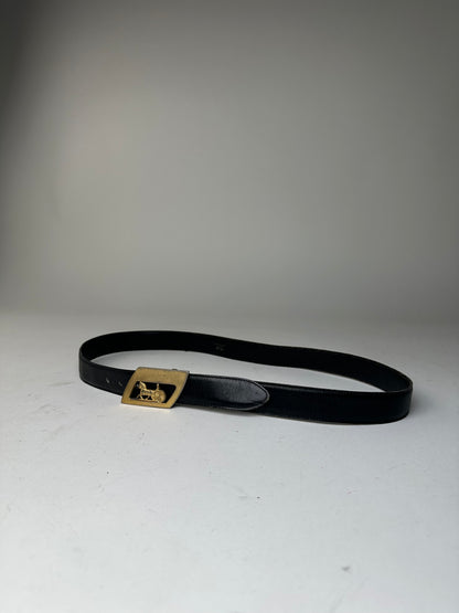 Vintage Celine Black Leather Belt with Gold-Tone Buckle Design