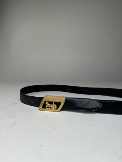 Vintage Celine Black Leather Belt with Gold-Tone Buckle Design